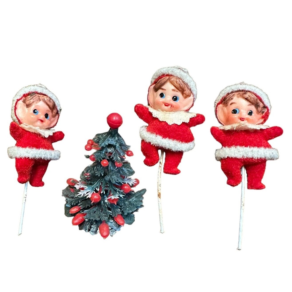 Vintage Dancing Elf Pixie Plastic Felt Christmas Tree Decorations Picks Kitschy